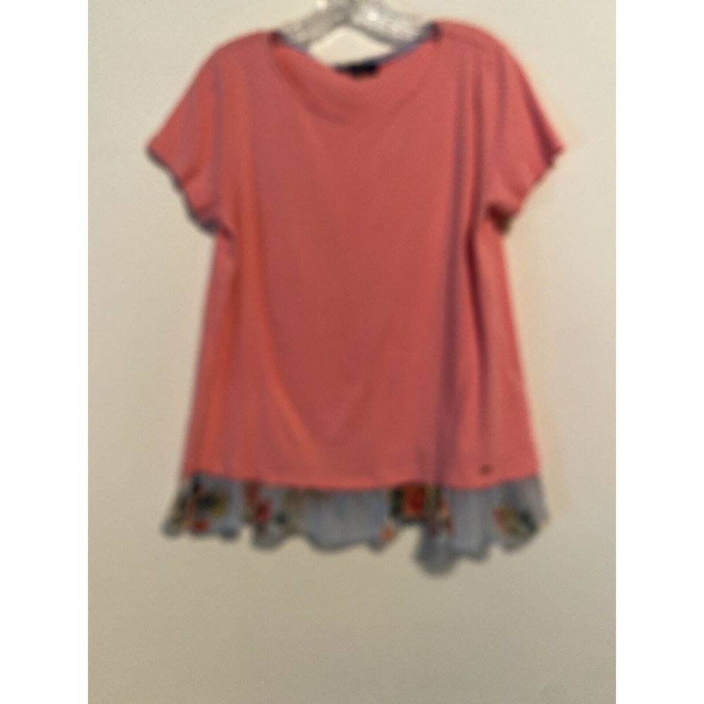 Tommy Hilfiger Pullover Shirt Large Pink Floral Flower Hem Short Sleeves